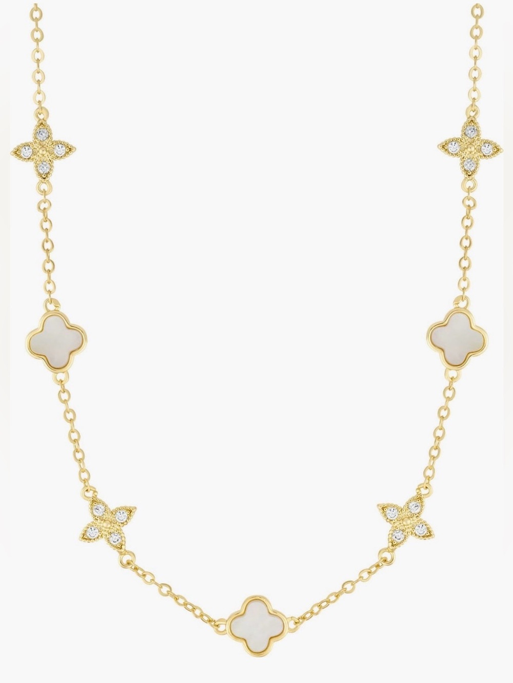 Mixed Mother-of-Pearl & Cubic Zirconia Clover Station Necklace 14K Gold Plated🤍✨ - Picture 3 of 6